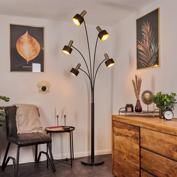 Hofstein Pretoria Stehleuchte Schwarz, Altmessing, 5-flammig 1 Hofstein Pretoria Stehleuchte Schwarz, Altmessing, 5-flammig